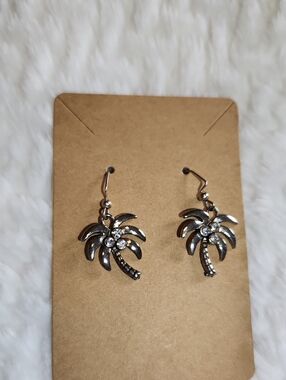 Silver Palm Tree Crystal Dangle Earrings